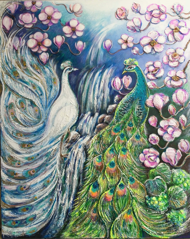 Peacocks and magnolia by artist Anastasia Shimanskaya
